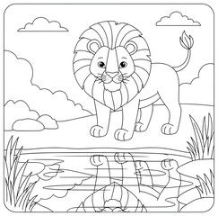 Lion vector illustration of a cute animal with striped mane standing on grassy land near a pond as its reflection appears in water beneath a cloudy sky with plants around in outlined cartoon line art 