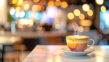 Obraz premium ラテアートが描かれたカフェラテ入りのコーヒーカップと幻想的なカフェ店内の風景
