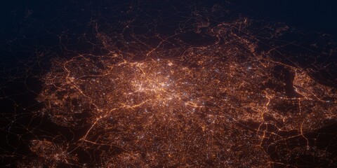 Bristol (United Kingdom) night view with street lights. Aerial shot from space. perspective view heading west, . 3d render, Illustration