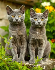 Two gray kittens sit side by side
