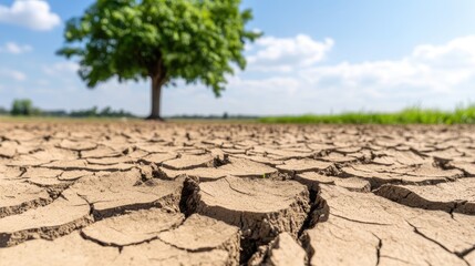 The cracked ground of a riverbed is prominently displayed, showcasing the effects of drought and global warming. Trees struggle for water beneath the bright sun