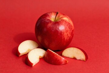 Red apple with slices on a vibrant red background product mockup photo E-commerce marketing poster Background shooting scene