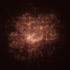 Lincoln (USA, Nebraska) night view with street lights. Aerial shot from space. top view heading east, . 3d render, Illustration © Hairem