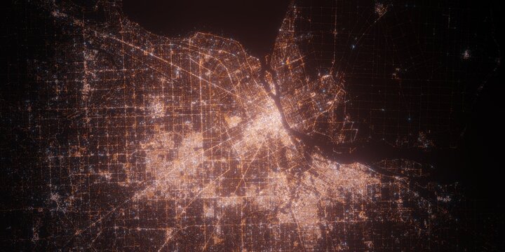 Detroit (USA, Michigan) night view with street lights. Aerial shot from space. top view heading east, . 3d render, Illustration - Powered by Adobe