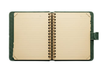 Vintage open notebook with cream pages, tarnished brass spiral, and deep forest green cover, isolated on white copy space, evoking nostalgic quiet reflection