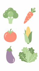 Fresh vegetables collection broccoli carrot tomato corn eggplant lettuce.