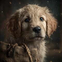 Obraz premium Adorable golden retriever puppy peeking out of a burlap sack with gentle eyes and a hopeful gaze.