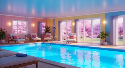 Luxurious indoor swimming pool with comfortable lounge chairs and serene views of blossoming cherry trees outdoors.