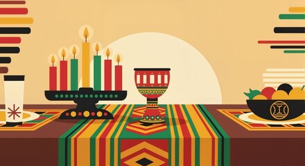 Kinara with candles and fruits on decorated table