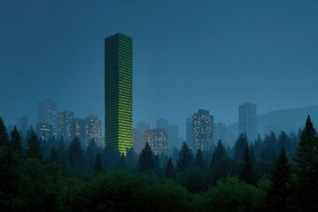 Tall green skyscraper stands amidst foggy forest, glowing softly