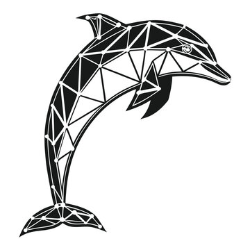 Modern geometric dolphin logo design in black and white with abstract ocean elements