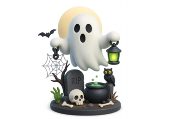 Spooky Ghost Character with Halloween Elements on a Graveyard Scene.