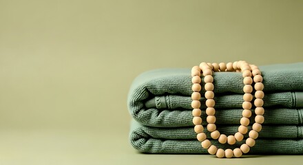 Sage Green Yoga Blanket with Wooden Prayer Beads on Soft Pastel Background