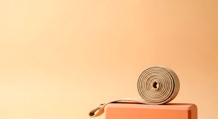 Rolled Yoga Strap on Peach Block with Incense Smoke and Soft Warm Background