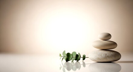 Balanced Beige River Stones with Green Eucalyptus on Soft Neutral Background