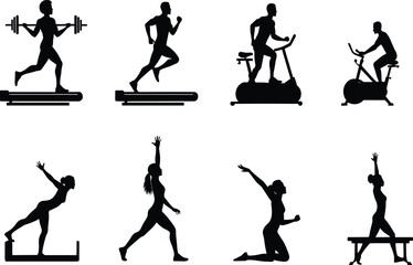 Fitness activity silhouette set featuring treadmill, elliptical, cycling, stretching, lunging, and balance poses for workout design and merch