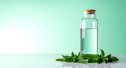 Clear Glass Water Bottle with Bamboo Lid and Fresh Mint on Soft Green Background