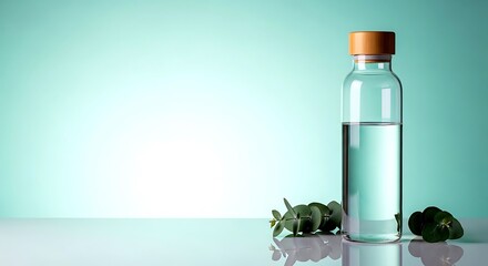 Clear Glass Water Bottle with Bamboo Lid and Eucalyptus on Soft Teal Gradient Background