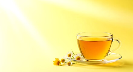 Golden Chamomile Tea in Glass Cup with Soft Pastel Yellow Background