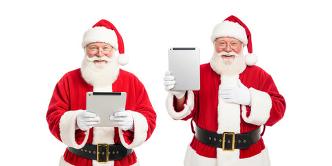 santa claus holding tablet isolated on white