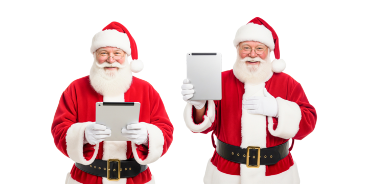 santa claus holding tablet isolated on white