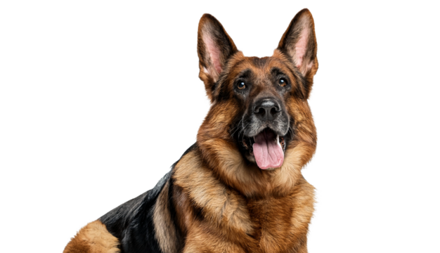 Long-haired German Shepherd dog laying down, looking at the camera