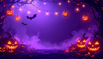 Spooky Halloween scene with glowing jack o lanterns, bats, and string lights under purple night sky