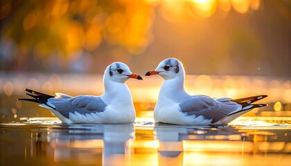 Two gulls on water at sunset