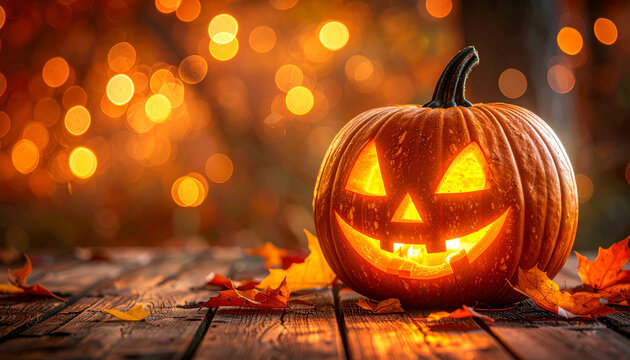 Glowing jack o lantern with cheerful expression sits on wooden table surrounded by autumn leaves, with bokeh lights in background