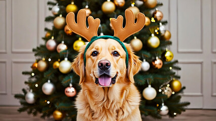  Cute golden Labrador dog wearing reindeer antlers sitting near decorated Christmas tree, concept of holiday celebration, family pet and festive joy.
