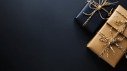 Luxurious black and gold gift boxes with decorative ribbons on a dark background, offering ample copy space for design or text overlay