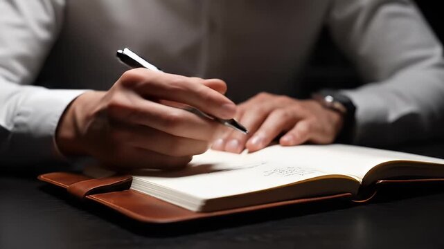 Close-up of a Person's Hands Writing in a Leather-Bound Journal with a Pen, Capturing Ideas