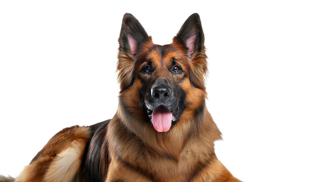 Close-up portrait of a German Shepherd dog with a happy expression.