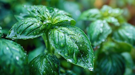 Close-up of fresh basil leaves covered in water droplets (1)