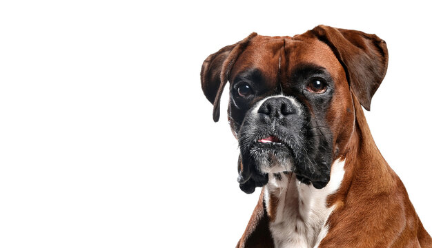 Boxer dog portrait with a white background.