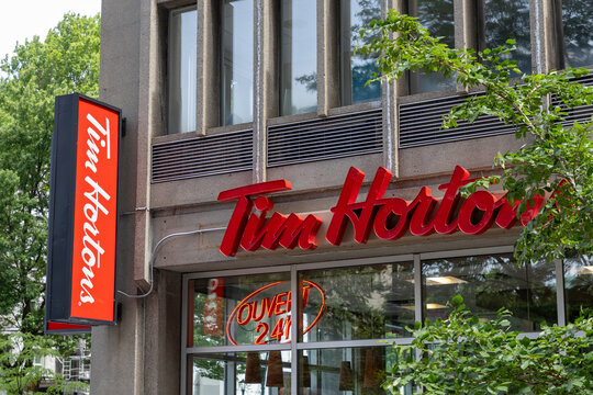 Montreal, Canada - July 5, 2025: Tim Hortons building, Canadian coffee house in Montreal