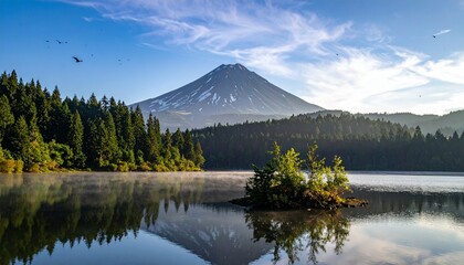 Snow-patched mountains, mist-filled valleys, evergreen forests, and sunlit meadows under a gradient sky, evoking serenity, natural diversity, and the quiet magic of dawn or dusk.