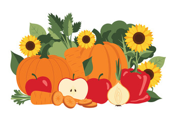 A colorful autumn harvest display of fresh vegetables fruits and sunflowers