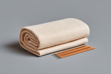 Soft beige towel neatly rolled with bright pencils arranged besi