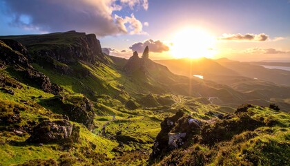 Snow-patched mountains, mist-filled valleys, evergreen forests, and sunlit meadows under a gradient sky, evoking serenity, natural diversity, and the quiet magic of dawn or dusk.