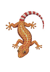 Naklejka premium Cartoon Gecko with Red Spots and Striped Tail.