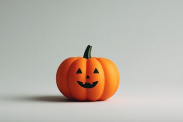 Smiling pumpkin with carved face sits against neutral background