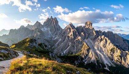 Panoramic view of snow-covered mountains at sunset, with golden light casting dramatic shadows across rugged peaks and valleys, evoking serenity, elevation, and the sublime beauty of winter.