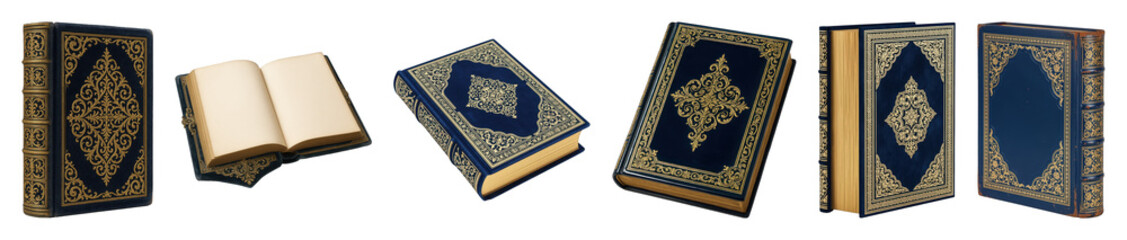 Ornate dark blue antique book set including closed, open, standing, and tilted views with gilded edges isolated. Historical and literary themes.