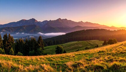 Snow-patched mountains, mist-filled valleys, evergreen forests, and sunlit meadows under a gradient sky, evoking serenity, natural diversity, and the quiet magic of dawn or dusk.