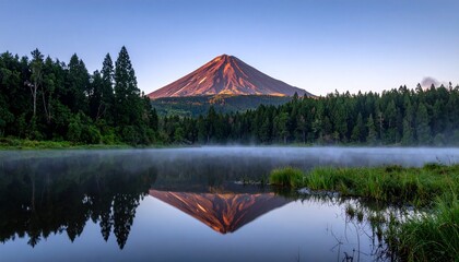 Mount Fuji at sunrise with birds in flight and golden reflections on calm water, evoking tranquility, cultural reverence, and the poetic symmetry of nature.