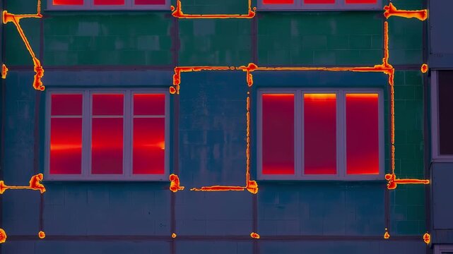 Infrared medium shot revealing temperature variations on building envelope pinpointing heat loss through poorly insulated windows and gaps in construction envelope.