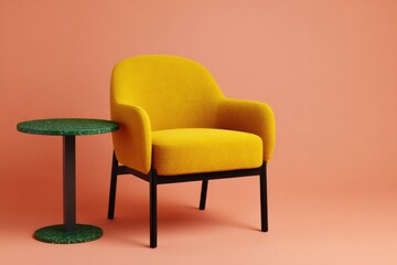 Fototapeta premium Bright yellow armchair paired with green side table against soft
