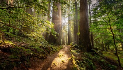 Obraz premium Enchanted Forest Path A Journey Into Nature S Hidden Wonders Awaits Beneath The Majestic Canopies Of Towering Trees Under The Sun S Gentle Gaze Perfect For Adventurous Souls
