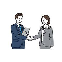 Minimal vector illustration of a smiling businessman and businesswoman shaking hands while he holds a tablet, symbolizing partnership and agreement, in a flat 2D design with a 3-color